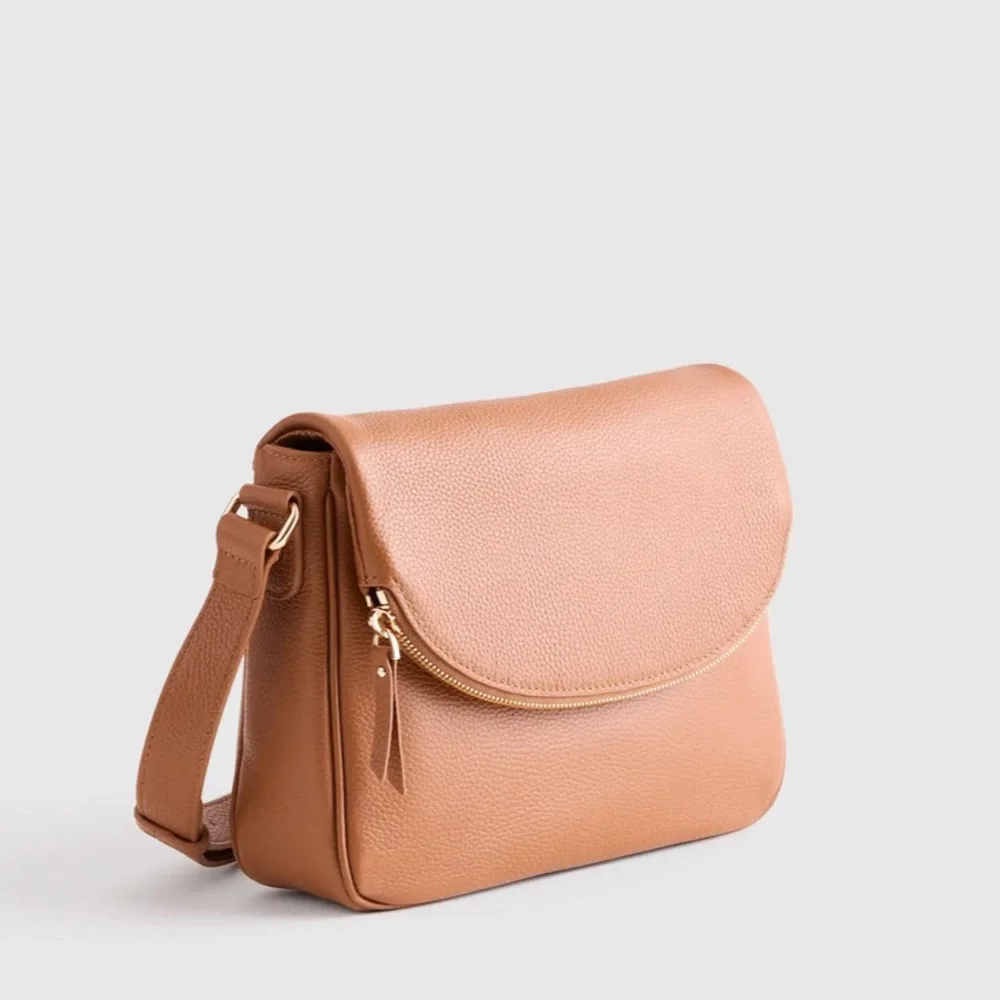 New Quince Italian Leather Foldover Crossbody in Cognac - Picture 3 of 15